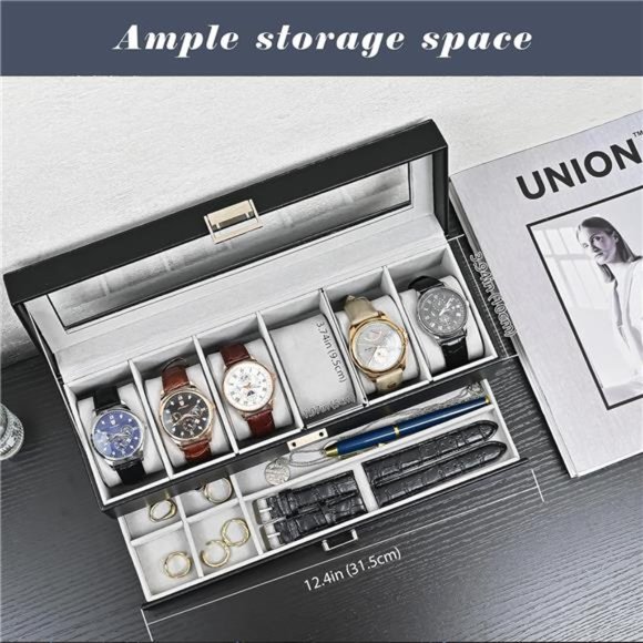 6 Slot Watch Case with Drawer, Watch Box Double-layer Jewelry and Watch, Black - Picture 3 of 6